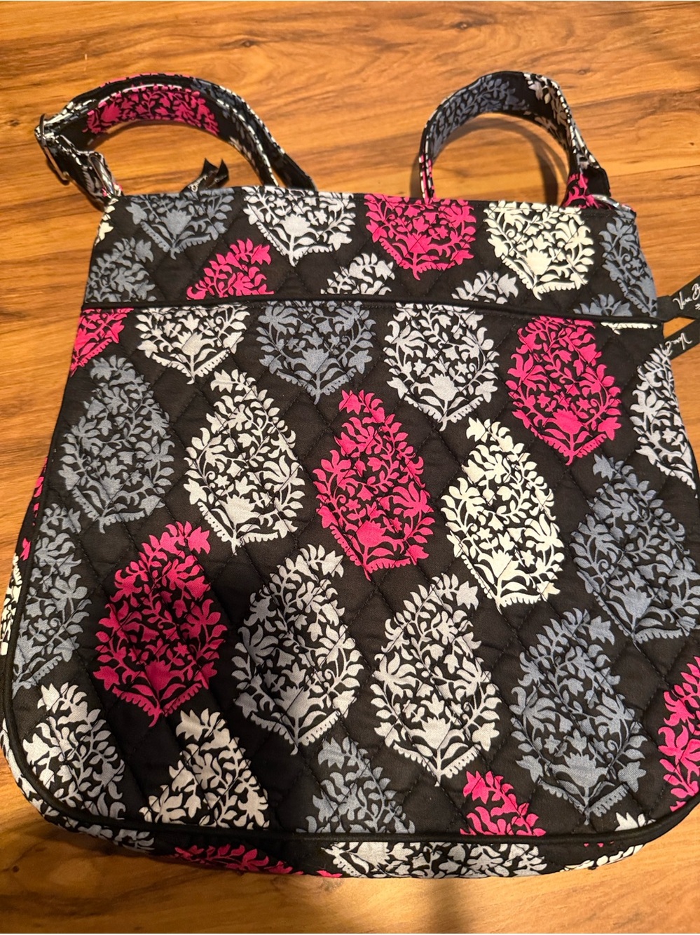 VERA BRADLEY Black Quilted Travel Bag with Pink & Gray Floral Medallions - Picture 5 of 6